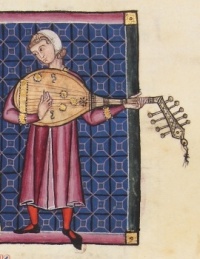 Illumination, Musician playing a Lute-family Instrument, 13th Century from the Cantigas de Santa Maria