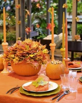 Fall leaves and pumpkin tablescape      