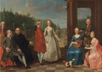 A portrait of Jacques- Jean Cremers and his wife, dancing, on a garden terrace