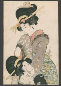 Courtesans holding a flowering tree branch