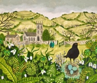 Art - Vanessa Bowman - Spring - Mr Blackbird with Eggs & Snowdrops