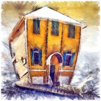 Pencil Drawing - Yellow House - Blue Shutters