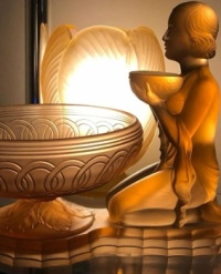 Art Deco frosted amber glass kneeling lady and bowl table center