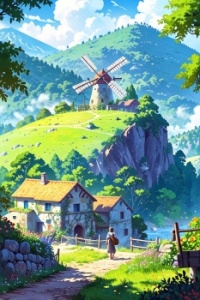A village nestled in a lush, rolling valley.