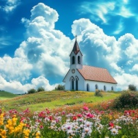 Heavenly Country Church on a Hill with Flowers