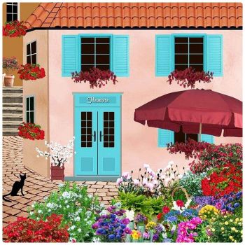 Black Cat, Pink House, Blue Door, and Pretty Flowers