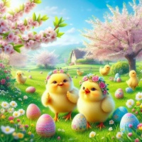Chicks in a field of Easter eggs