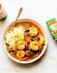 Gumbo with shrimp and andouille sausage in homemade shrimp stock, with a side of rice