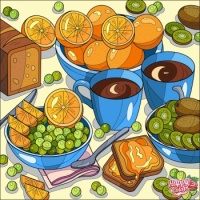 Colorful coffee, fruit and bread