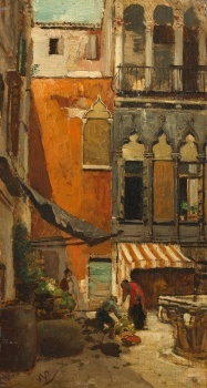 Wilhelm Lindenschmit the Younger (German, 1829–1895), Traders in a Square in Venice (Link to larger version)