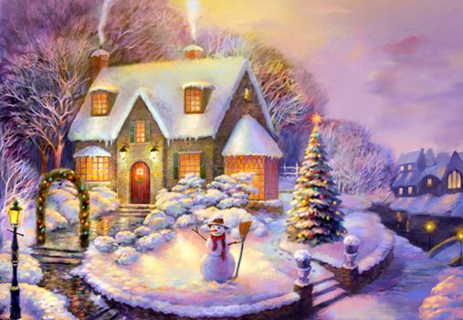 Solve Snow covered Christmas cottage with a snowman jigsaw puzzle ...
