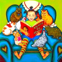Little Girl Reading to Doll Cats & Chickens