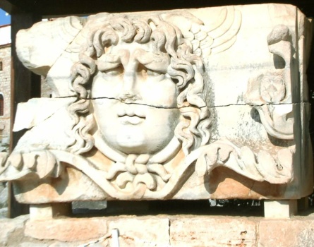 Relief sculpture of the head of Medusa from the Temple of Apollo at Didyma, Turkey.