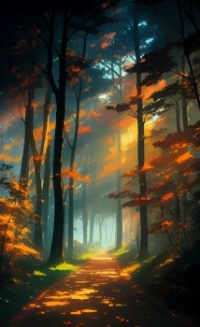 Automnal forest illuminated by a ray of morning light