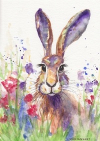 Hare and Flowers. High resolution. Original watercolour painting