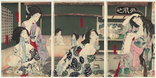 Women Bathing at the Daishoro Flower Garden in Nezu-yoshitoshi