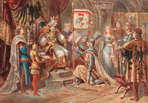 King Rudolf I. enfeoffing his two sons Albrecht und Rudolf II with the duchies Austria, Styria, Carinthia and Carniola