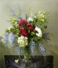 Flowers in Glass Vase, on Table ~ Vernon Ward (English Painter,1905-1985)