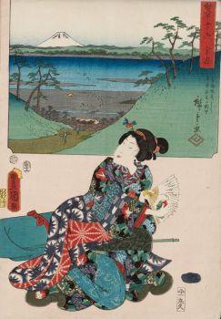 Kanaya: Panoramic View of the Ôi River and Mount Fuji from the Kanaya Slope Road, Actor as the Blind Musician Asago