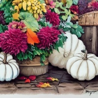 White Pumpkins, Fall Leaves and Harvest Flowers