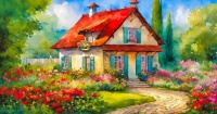 Country Cottage with Red Roof, resizable 15 to 576 pieces