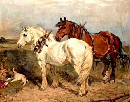 Solve John Emms (British, 1843–1912), Two Work Horses and a Resting Dog ...