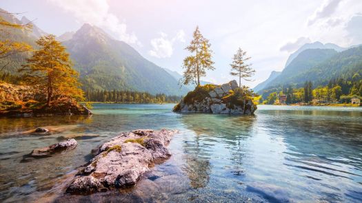 Solve Sunny day on the Hintersee lake in early autumn, Ramsau, Bavaria ...