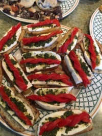 Mozz, pesto, and red peppers on bread