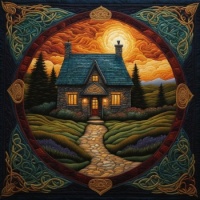 An Irish cottage at sunset