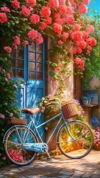 Floral Blue Door and Bicycle