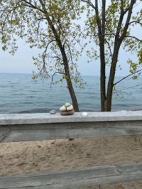 debcoe rock cairn at Lake Michigan beach on a wood railing (IL)