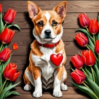 Dog and Tulips, resizable 9 to 483 pieces