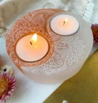 Selenite Yin Yang Candle Holder in Henna Prayer