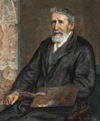 August Torsleff - (Danish, 1860 - 1934) - Portrait of the painter Joakim Skovgaard (1856–1933) seated with his palette in front of his fresco Jacob's Dream in Viborg Cathedral, 1930.