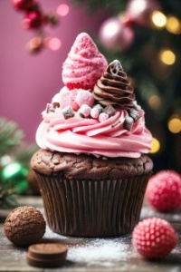 Pink cupcake close up with chocolate candy
