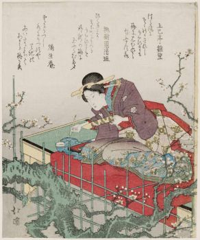 Woman Viewing Plum Blossoms and Writing Poetry