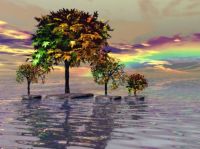 Painting of Trees Ocean Sunset