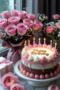 Birthday Cake & Pink Flowers
