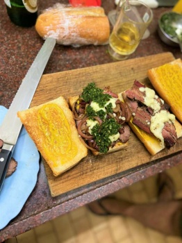 Chimichurri Steak Sandwich with caramelised onions and mozzarella, and a beer to wash it down