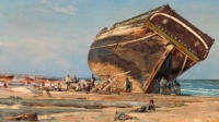 Martinus Rørbye—A large ship under caulking at Frederikshavn, 1847