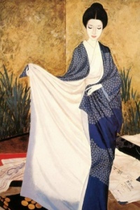 woman in a blue kimono