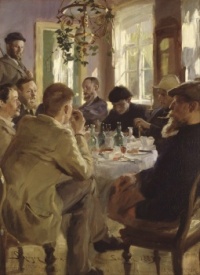 Peder Severin Kroyer - (Danish Nowegian, 1851 - 1909) - At Lunch, 1883. Skagen Painters at Brøndum's Hotel. From the left - Eilif Petersen, Michael Ancher (standing), Wilhelm Peters, Charles Lundh, Degn Brøndum, Johan