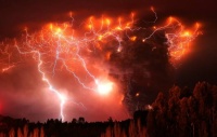 Lightning strikes over the Puyehue volcano, Chile.