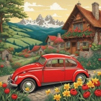 Cottage, VW Beetle,  pretty flowers....