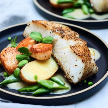 Sea Bass with Scallops, Fingerling Potatoes, and Beurre Blanc