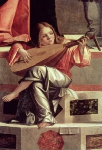 minstrel angel playing  a  lute  -  detail of  'Presentation  in  the  Temple ' -   Vittore  Carpaccio