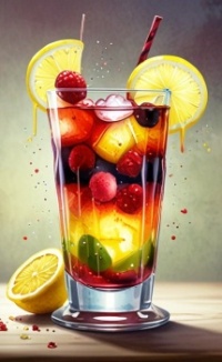 cocktail, with straw, lemon slice and ice, sangria