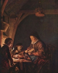"Old Woman cutting bread"
