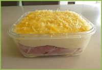 Chicory in hamgratinated with cheese sauce.  Witloof in hespmet kaassaus gegratineerd.