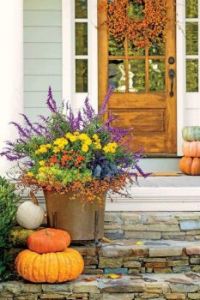 Beautiful porch with flowers & pumpkins